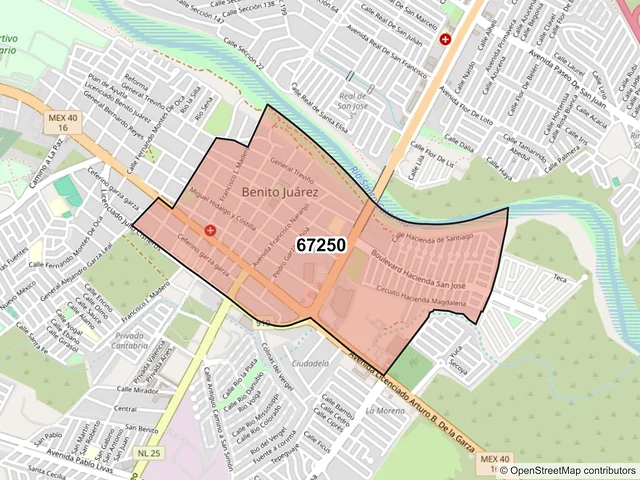 Mapa del código postal 67250, Juárez, Nuevo León