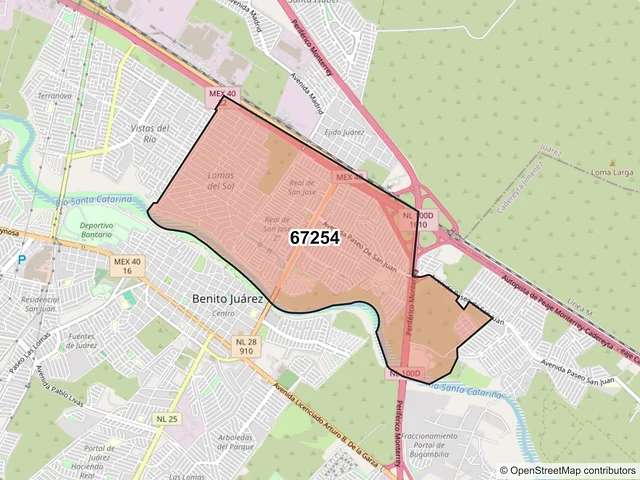 Mapa del código postal 67254, Juárez, Nuevo León