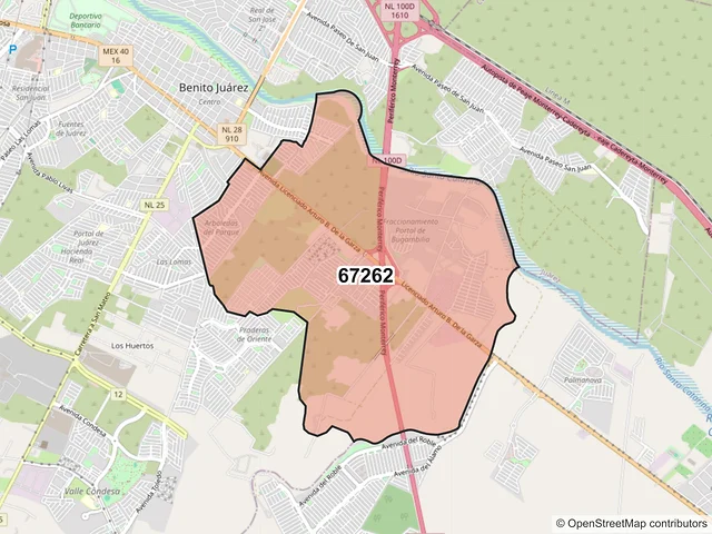 Mapa del código postal 67262, Juárez, Nuevo León