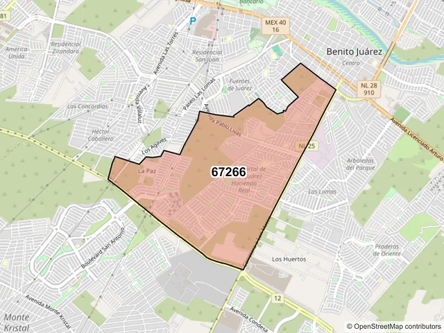 Mapa del código postal 67266, Juárez, Nuevo León