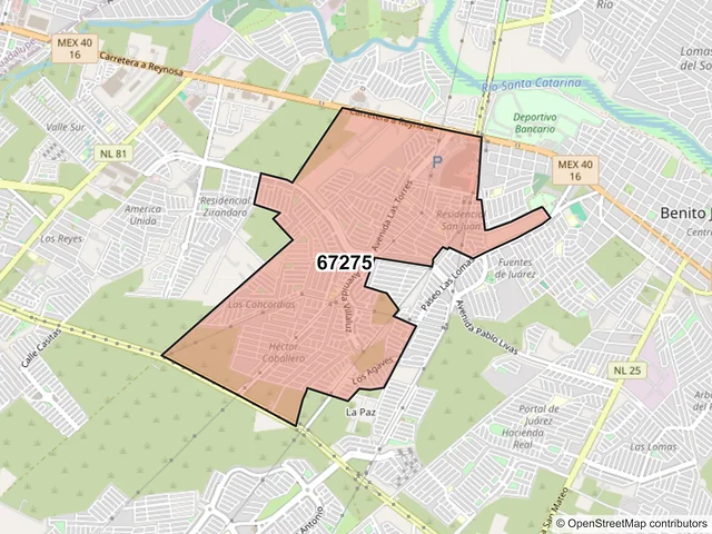 Mapa del código postal 67275, Juárez, Nuevo León