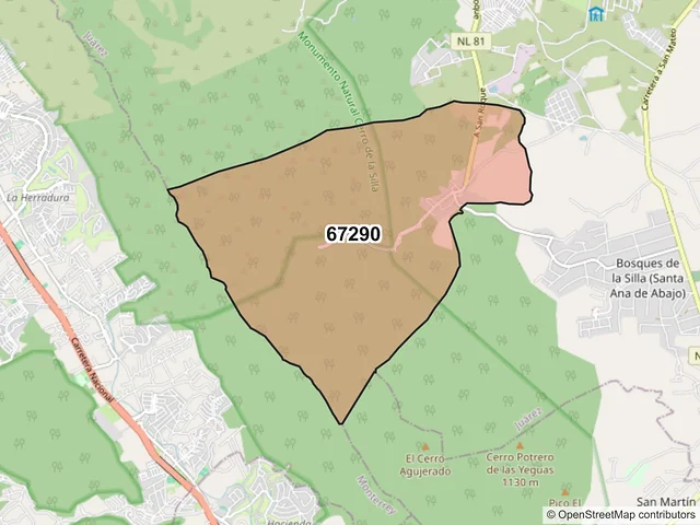 Mapa del código postal 67290, Juárez, Nuevo León