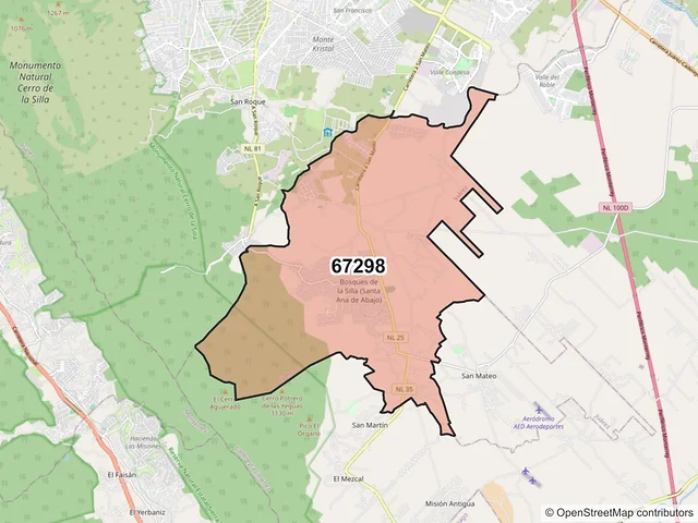 Mapa del código postal 67298, Juárez, Nuevo León