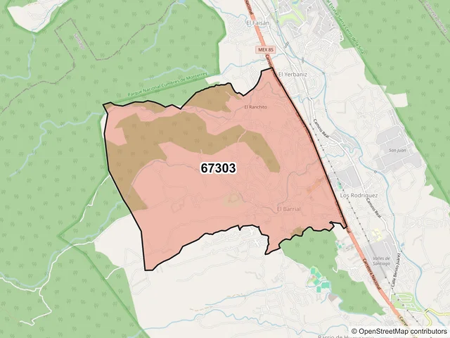 Mapa del código postal 67303, Santiago, Nuevo León