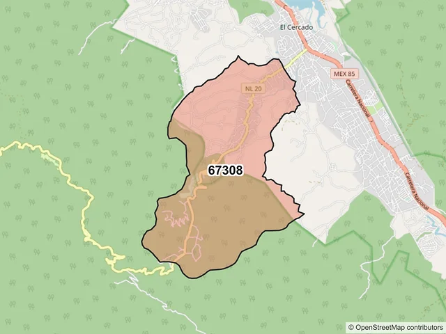 Mapa del código postal 67308, Santiago, Nuevo León