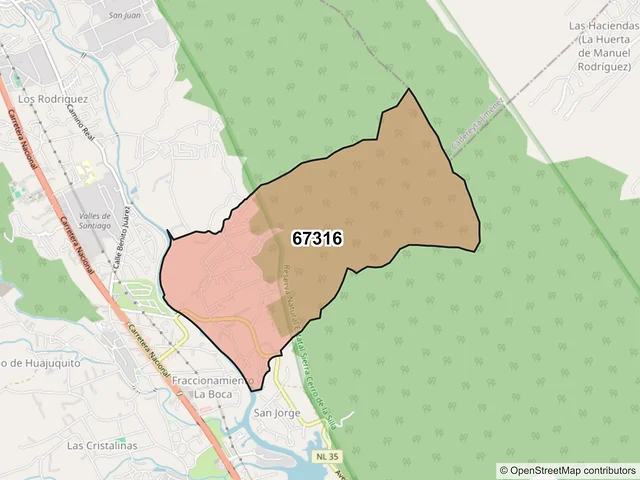 Mapa del código postal 67316, Santiago, Nuevo León