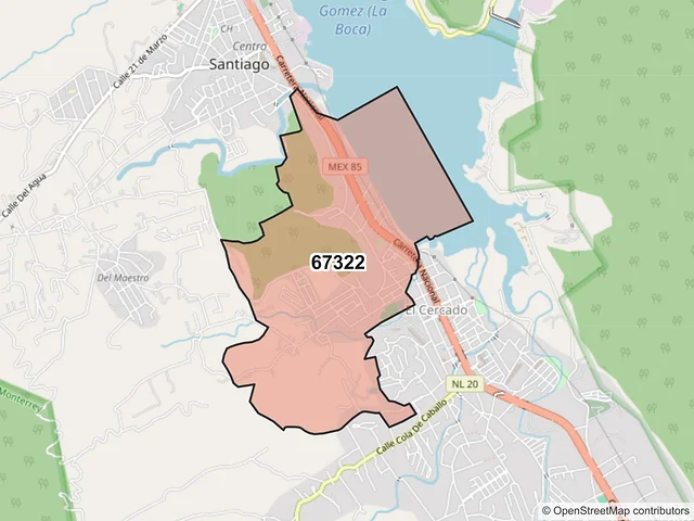 Mapa del código postal 67322, Santiago, Nuevo León