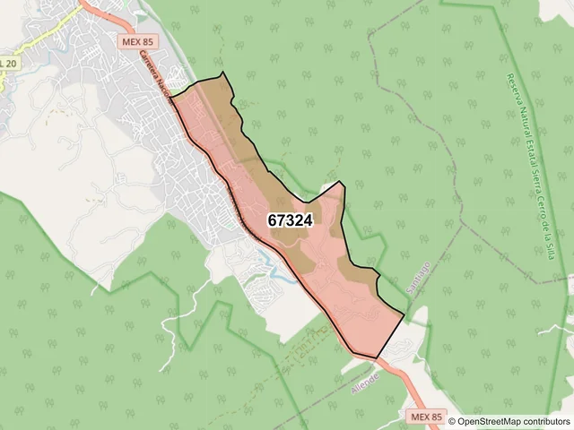 Mapa del código postal 67324, Santiago, Nuevo León