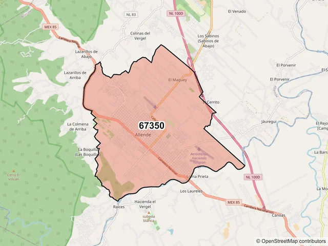Mapa del código postal 67350, Allende, Nuevo León