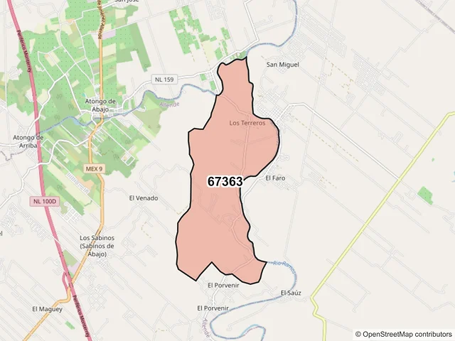 Mapa del código postal 67363, Allende, Nuevo León