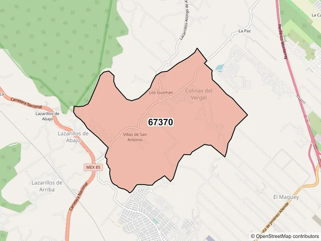 Mapa del código postal 67370, Allende, Nuevo León