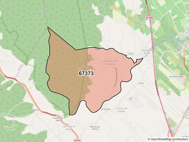 Mapa del código postal 67373, Allende, Nuevo León