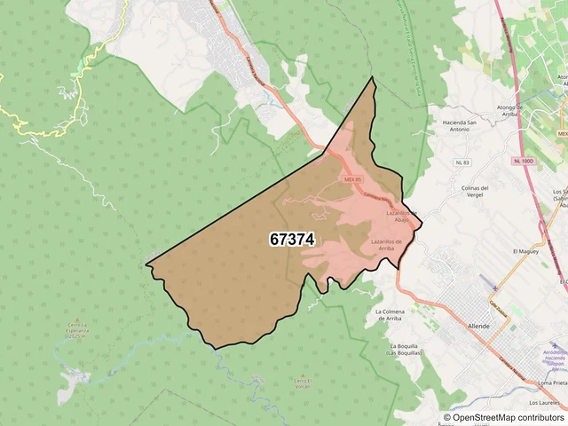 Mapa del código postal 67374, Allende, Nuevo León