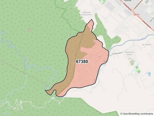 Mapa del código postal 67380, Allende, Nuevo León