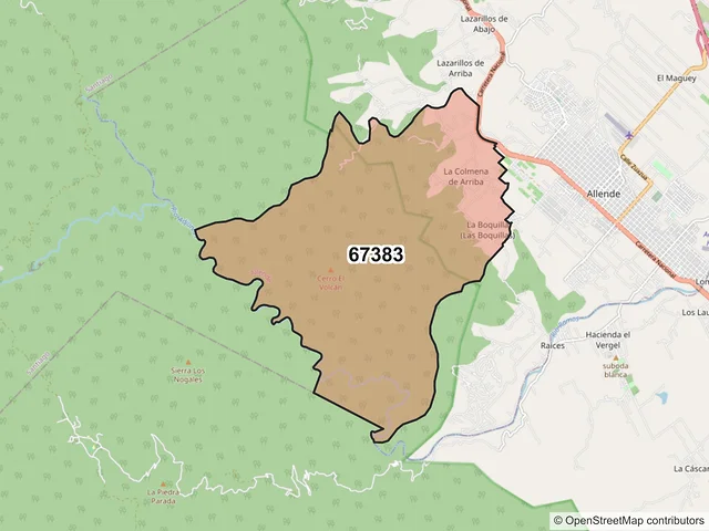 Mapa del código postal 67383, Allende, Nuevo León