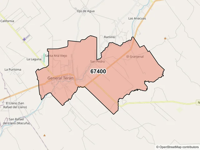 Mapa del código postal 67400, General Terán, Nuevo León