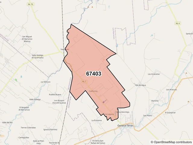 Mapa del código postal 67403, General Terán, Nuevo León
