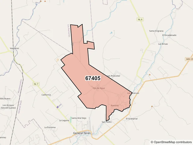 Mapa del código postal 67405, General Terán, Nuevo León