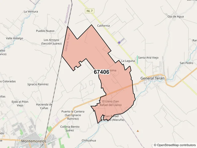 Mapa del código postal 67406, General Terán, Nuevo León