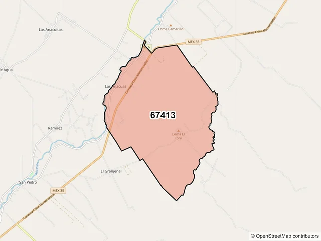 Mapa del código postal 67413, General Terán, Nuevo León