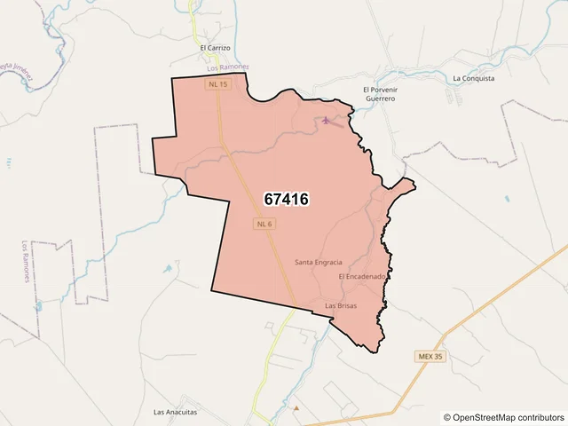 Mapa del código postal 67416, General Terán, Nuevo León
