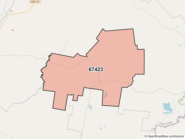 Mapa del código postal 67423, General Terán, Nuevo León