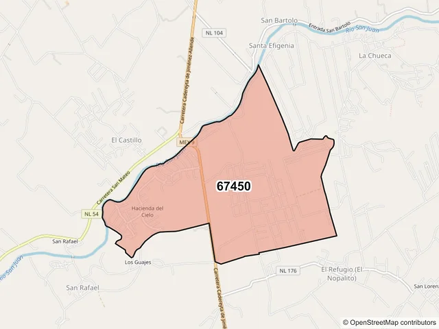 Mapa del código postal 67450, Cadereyta Jiménez, Nuevo León