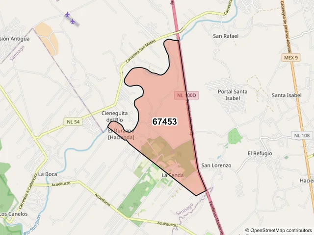 Mapa del código postal 67453, Cadereyta Jiménez, Nuevo León