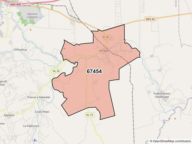 Mapa del código postal 67454, Cadereyta Jiménez, Nuevo León