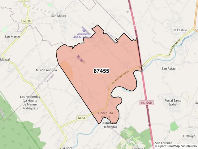 Mapa del código postal 67455, Cadereyta Jiménez, Nuevo León