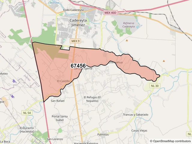 Mapa del código postal 67456, Cadereyta Jiménez, Nuevo León