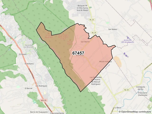 Mapa del código postal 67457, Cadereyta Jiménez, Nuevo León
