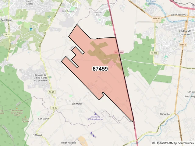 Mapa del código postal 67459, Cadereyta Jiménez, Nuevo León