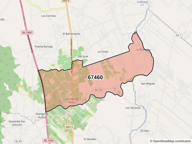 Mapa del código postal 67460, Cadereyta Jiménez, Nuevo León