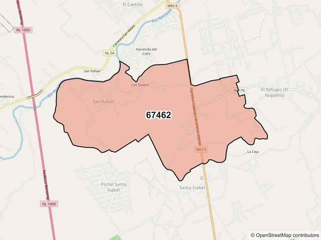 Mapa del código postal 67462, Cadereyta Jiménez, Nuevo León