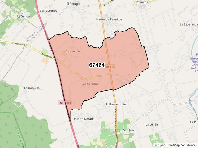 Mapa del código postal 67464, Cadereyta Jiménez, Nuevo León