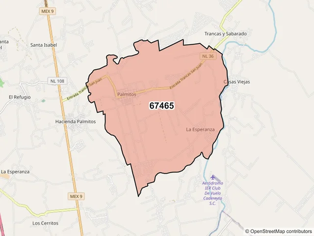 Mapa del código postal 67465, Cadereyta Jiménez, Nuevo León