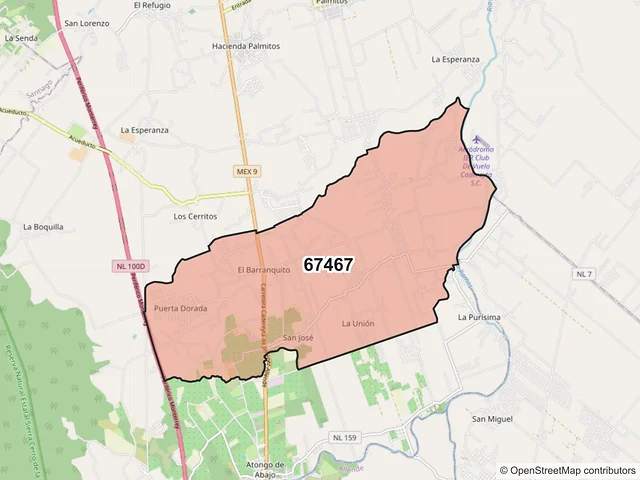 Mapa del código postal 67467, Cadereyta Jiménez, Nuevo León