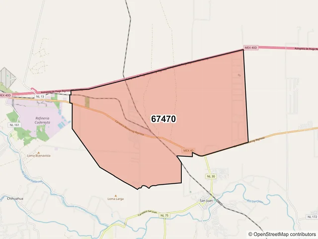 Mapa del código postal 67470, Cadereyta Jiménez, Nuevo León