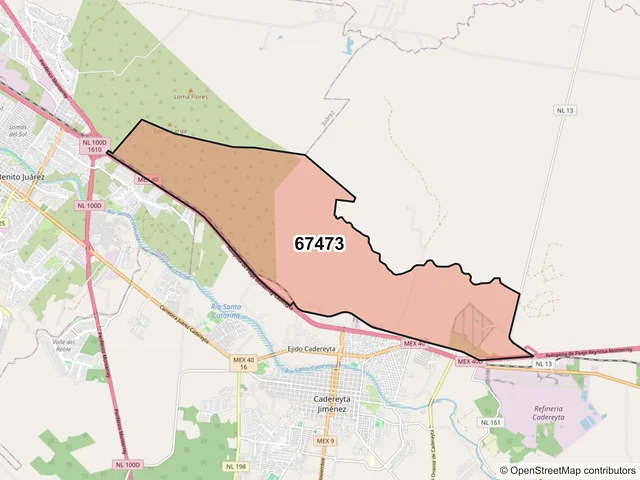 Mapa del código postal 67473, Cadereyta Jiménez, Nuevo León