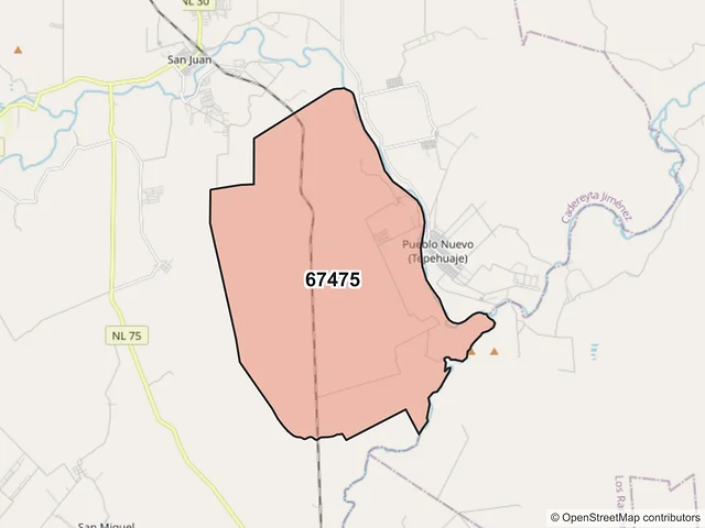 Mapa del código postal 67475, Cadereyta Jiménez, Nuevo León