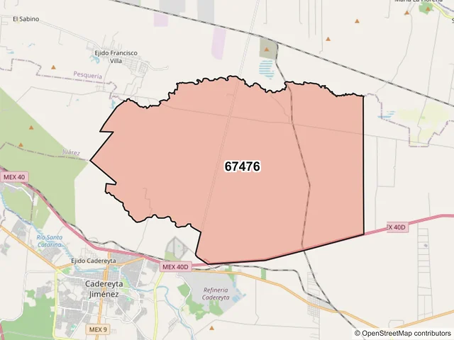 Mapa del código postal 67476, Cadereyta Jiménez, Nuevo León
