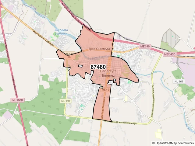 Mapa del código postal 67480, Cadereyta Jiménez, Nuevo León