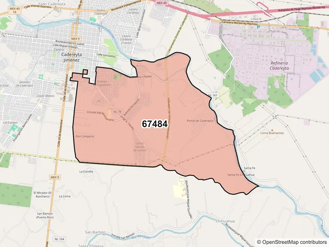 Mapa del código postal 67484, Cadereyta Jiménez, Nuevo León