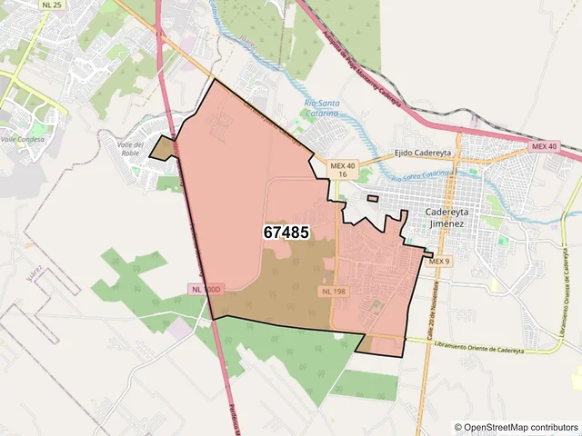 Mapa del código postal 67485, Cadereyta Jiménez, Nuevo León
