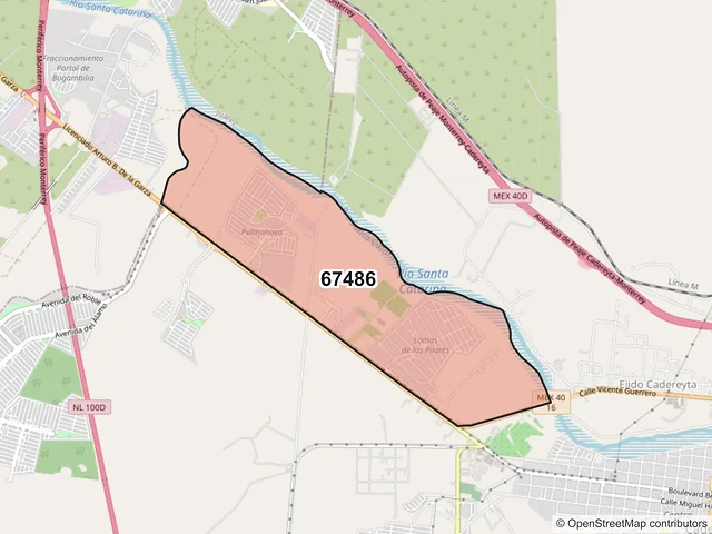 Mapa del código postal 67486, Cadereyta Jiménez, Nuevo León