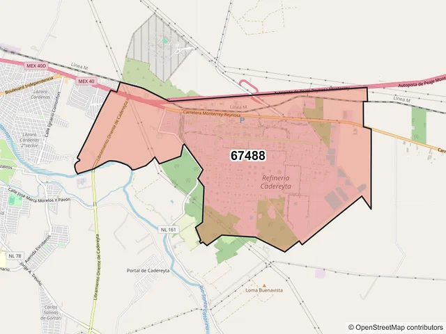 Mapa del código postal 67488, Cadereyta Jiménez, Nuevo León