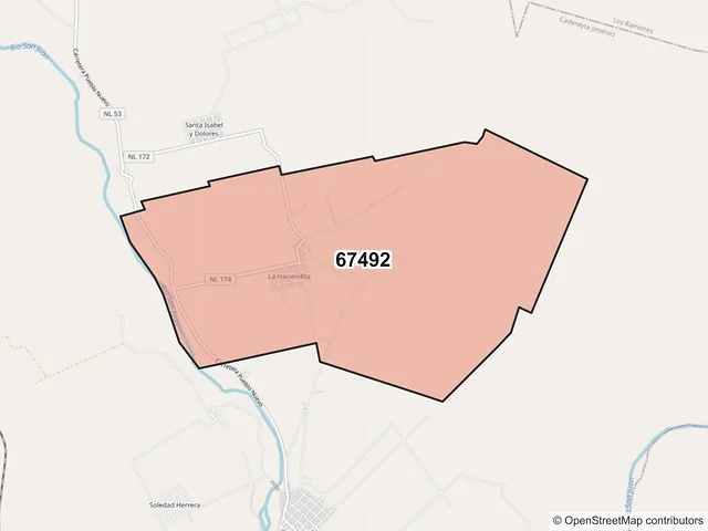 Mapa del código postal 67492, Cadereyta Jiménez, Nuevo León