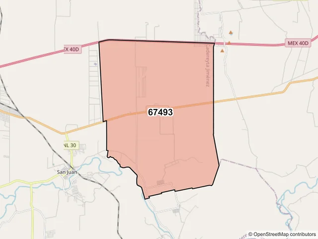 Mapa del código postal 67493, Cadereyta Jiménez, Nuevo León