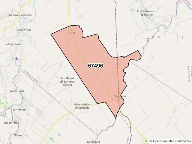 Mapa del código postal 67496, Cadereyta Jiménez, Nuevo León